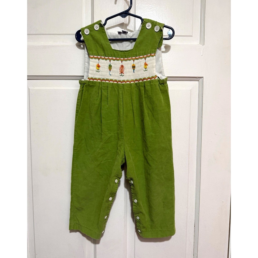 2T Boys Fishing Lure Smocked Longalls Jon Jon Overalls Green